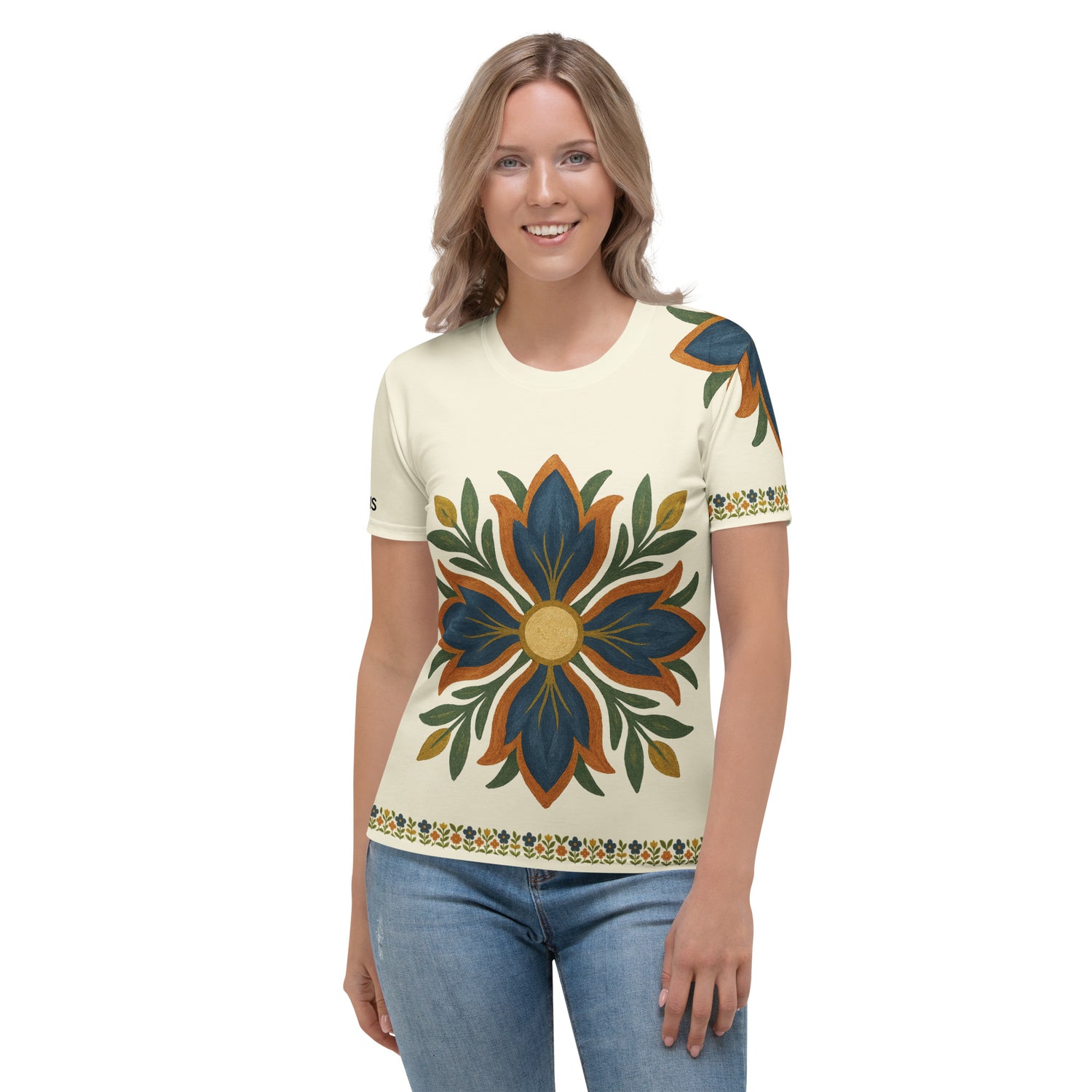 T-shirt damski z dużym kwiatem inspirowanym sztuką ludową