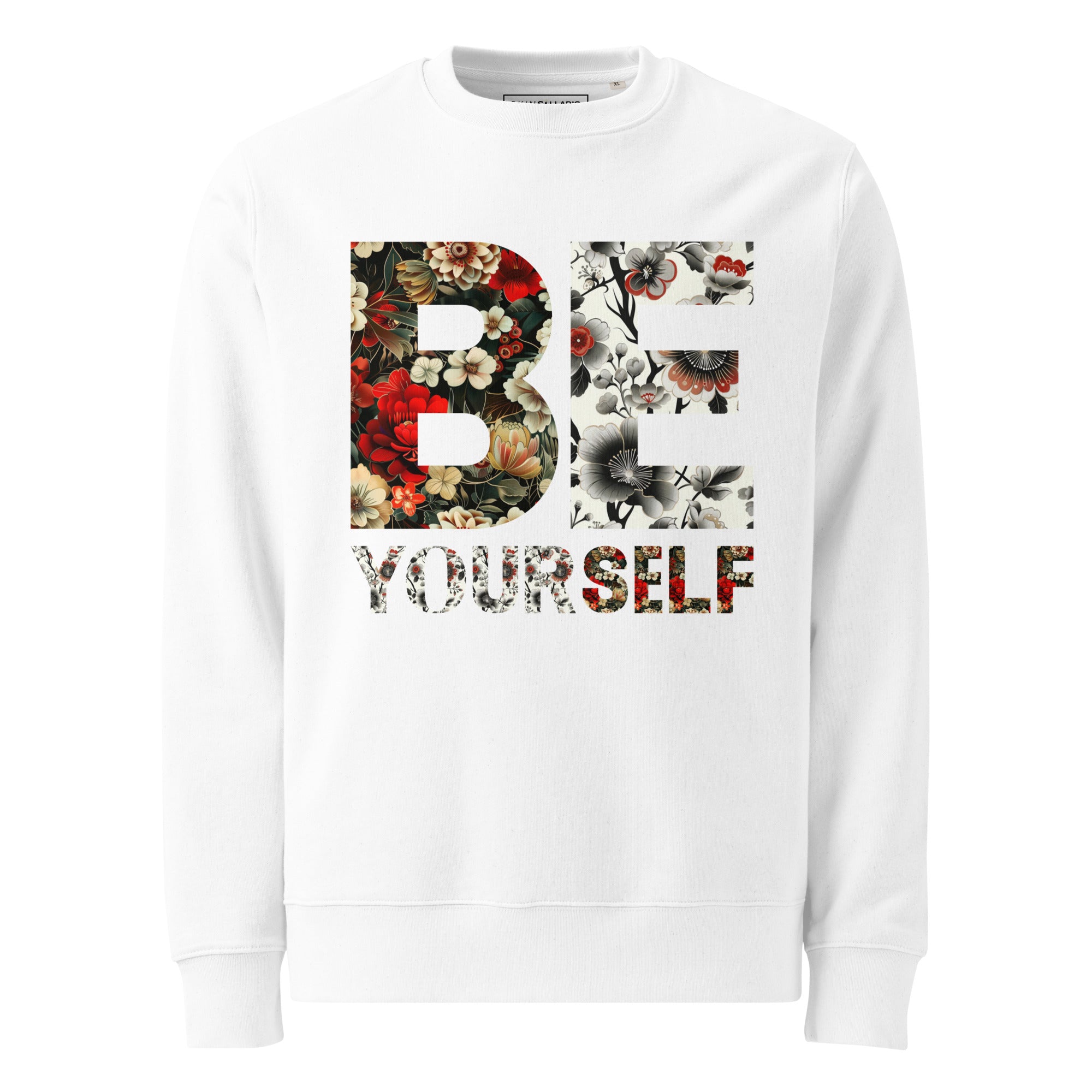 Ekologiczny sweter "Be Yourself" z kwiatowym motywem bialy